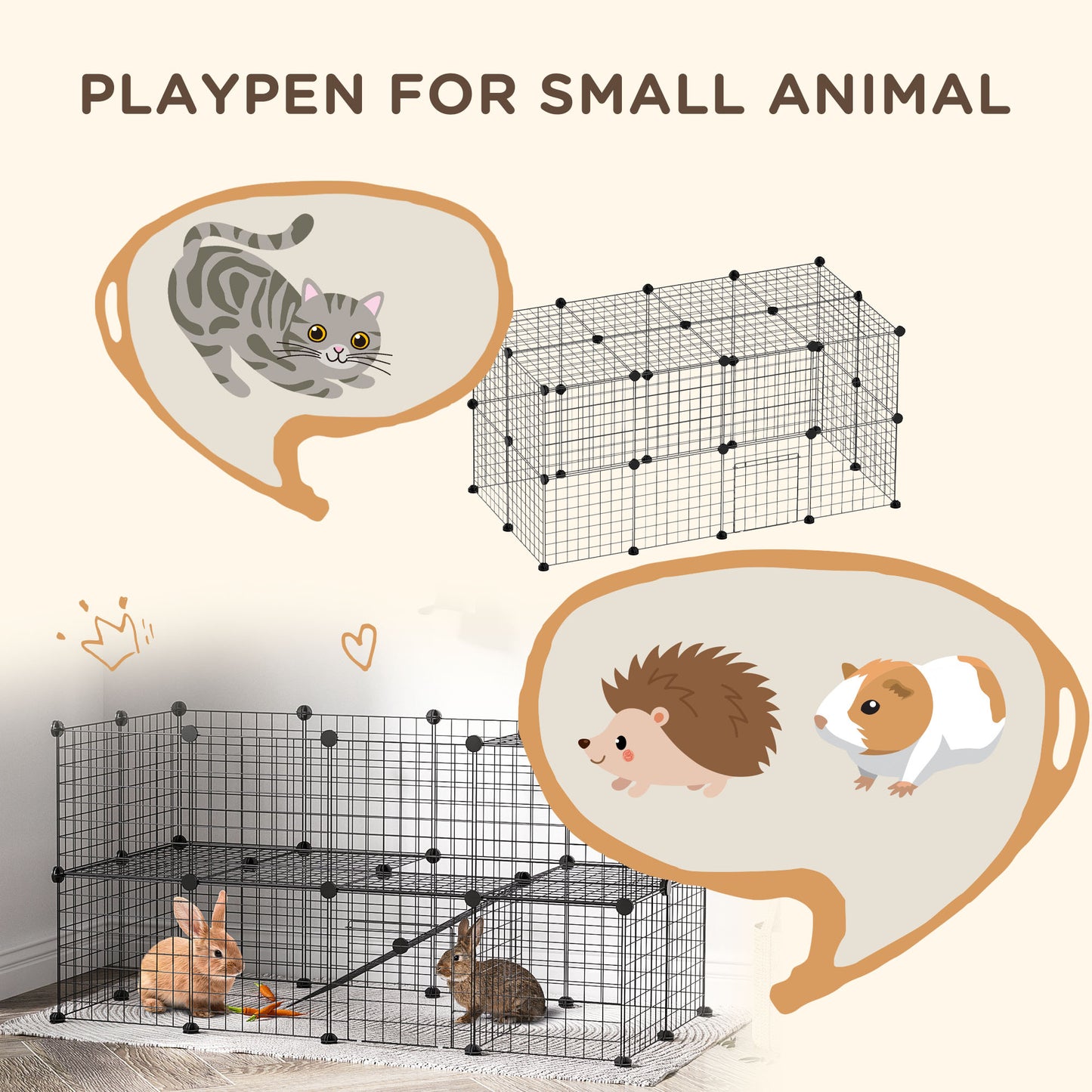 Small Animal Playpen with Door - DIY Metal Wire Cage for Rabbits & Guinea Pigs, Portable 14x14 Inches