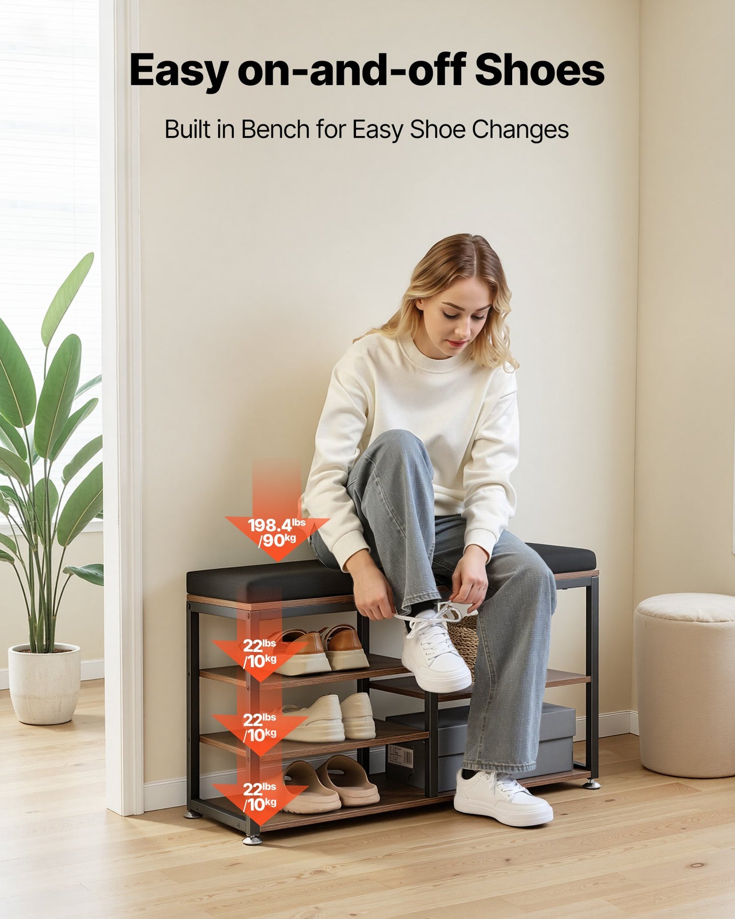 Black 3-in-1 Coat Rack with Shoe Bench and Hooks - Rustic Entryway Organizer