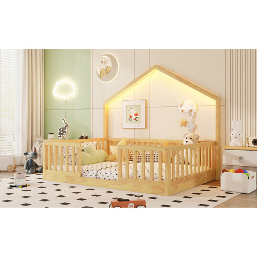 Full Montessori Floor Bed with High Rails & LED Light - Natural