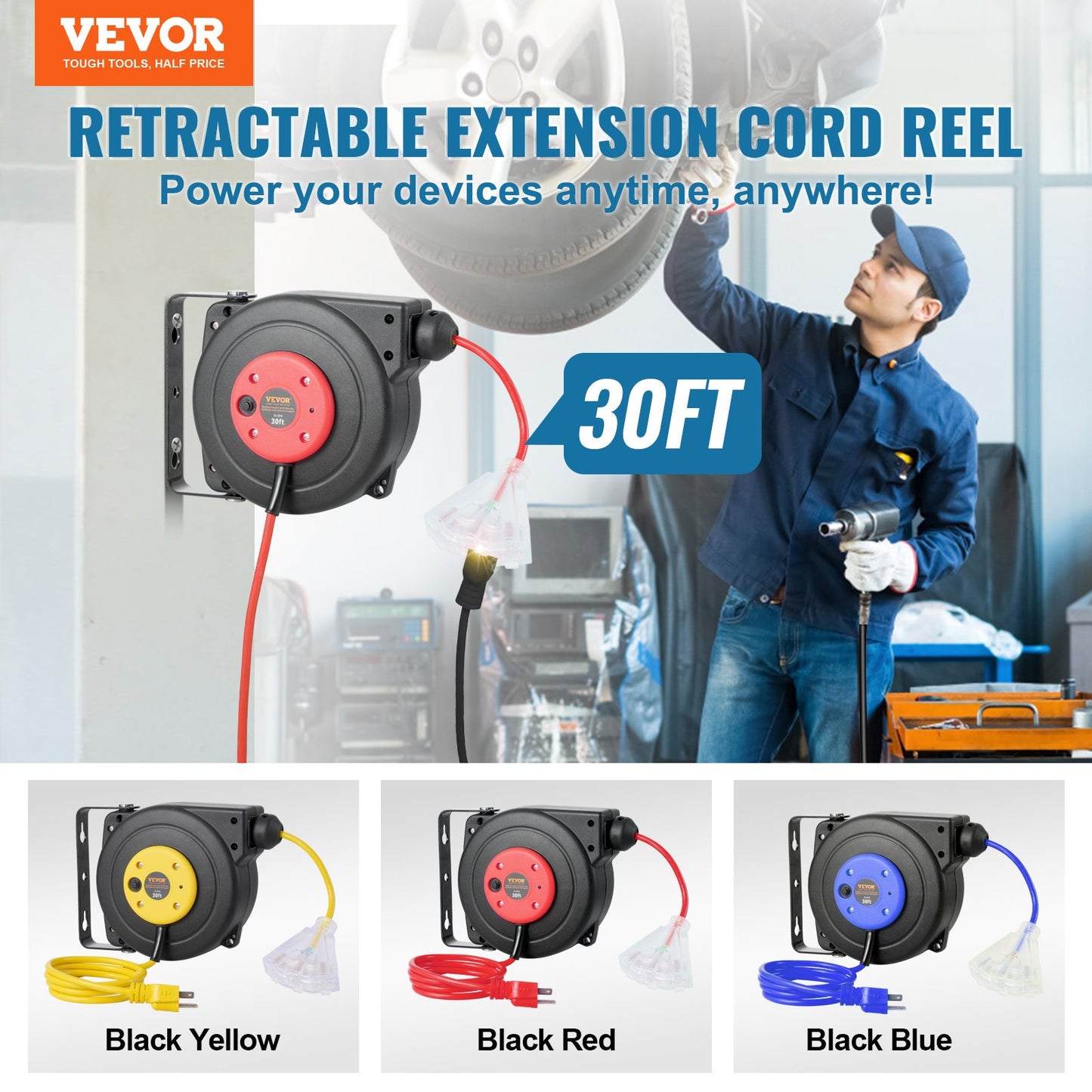 Retractable Extension Cord Reel 30FT 16AWG Water-Resistant Power Cord with 3-Outlets