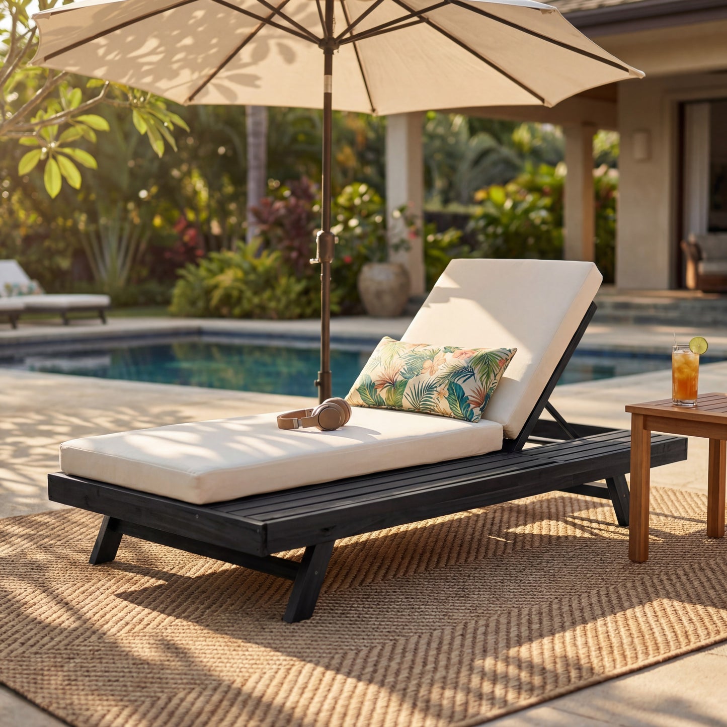 Outdoor Lounge Chaise Set in Black Acacia Wood with Cream Cushions