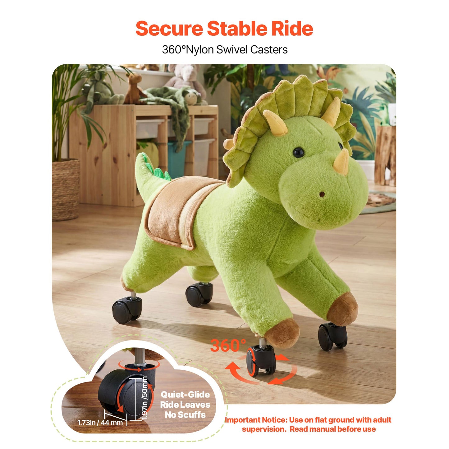 Ride-On Dinosaur Toy for Kids - Lifelike Roars, No Battery, 360° Wheels, Soft Seat, Max 88 lbs