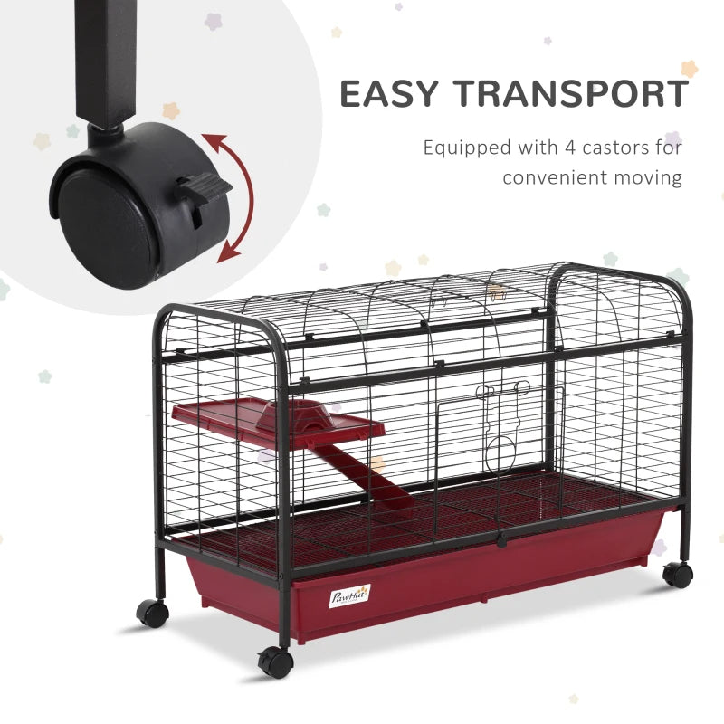 Small Animal Cage with Ramp & Feeder - Mobile Pet Hutch for Rabbit & Ferret, 41.5 Inch