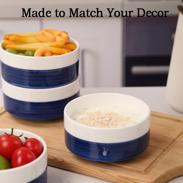 10 oz White-Blue Ceramic Bowls Set of 4 - Microwave & Dishwasher Safe