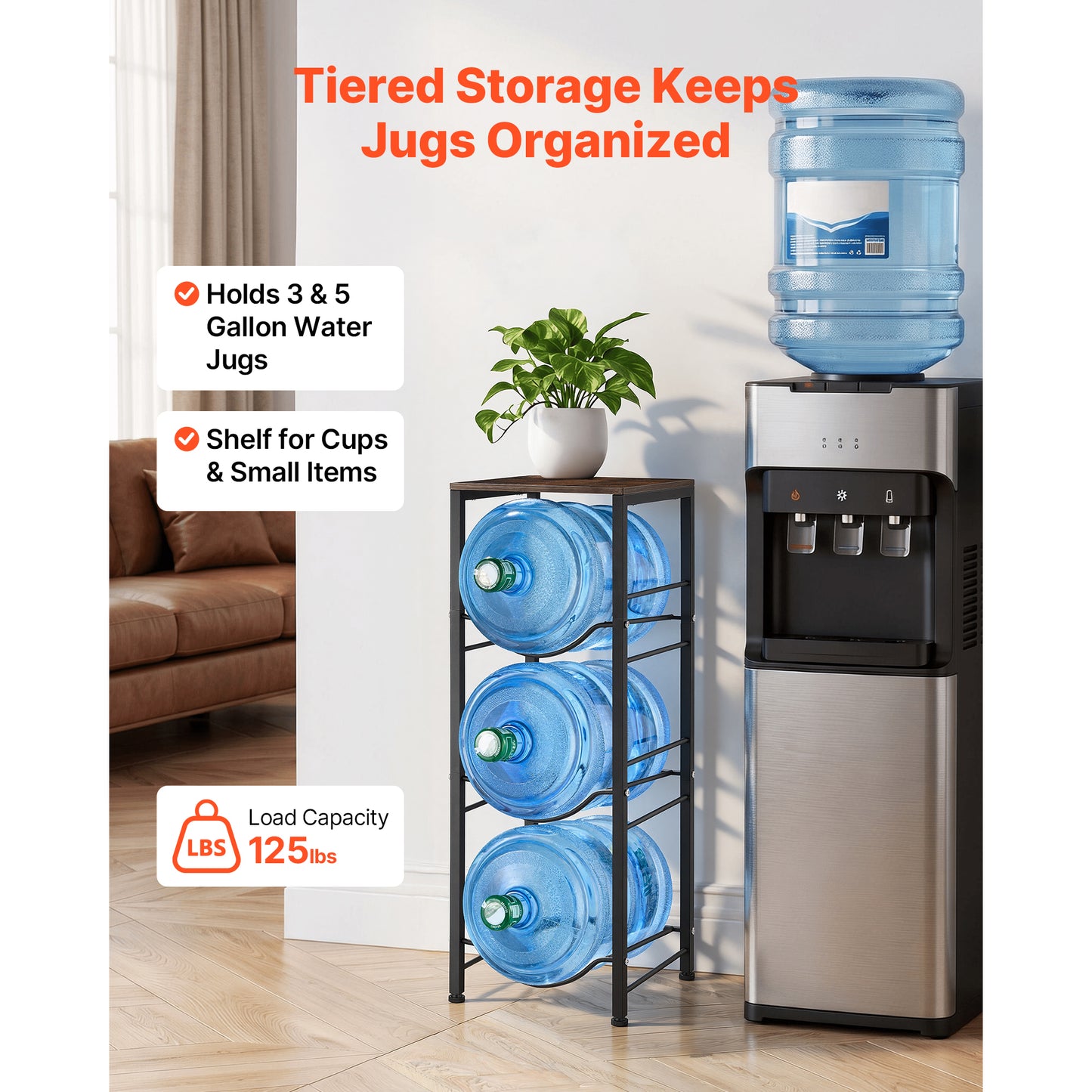 Heavy Duty 4-Tier Water Jug Holder for 3 and 5 Gallon Bottles - Kitchen, Office, Living Room Storage Rack