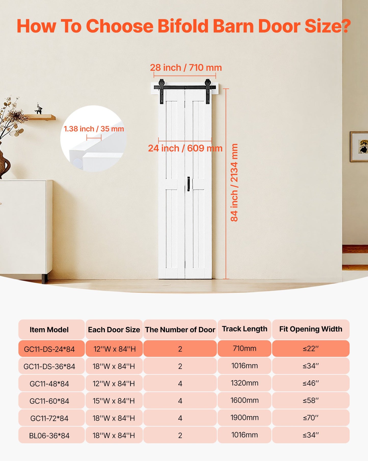 24x84 Inch Bifold Barn Door - White MDF Sliding Closet Door Kit with Hardware