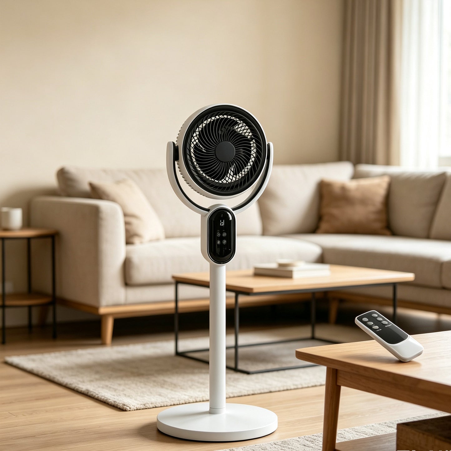 Standing Desk Fan with Remote & Oscillation - 110V 40W Air Circulator, 3 Speeds, 12H Timer