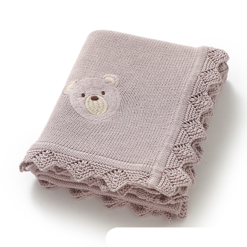 Infant Knitted Bear Embroidery Blanket - Soft Cotton Baby Covering