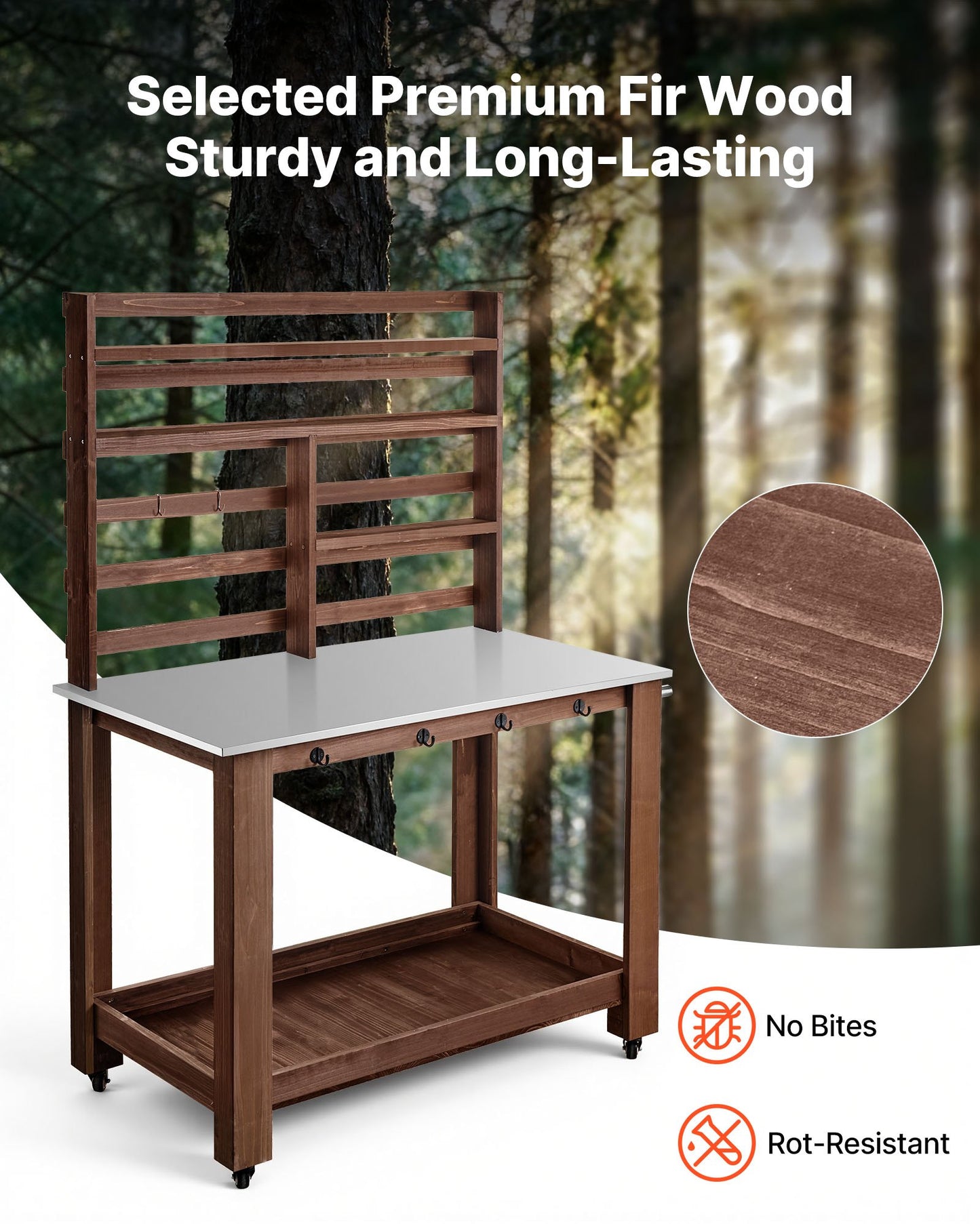 Black Potting Bench Table with Stainless Steel Top and Storage Shelves - Outdoor Garden Workstation