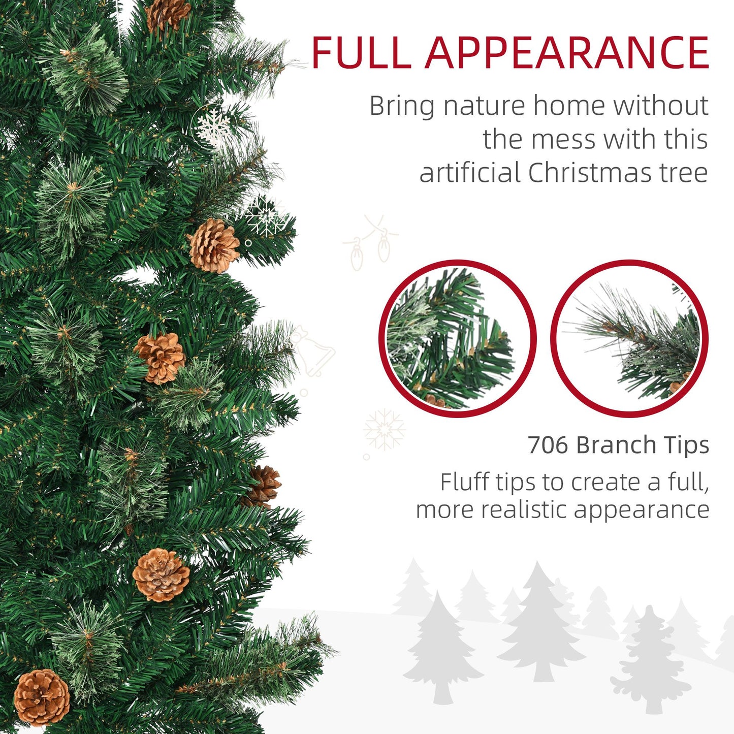 7.5ft Pencil Christmas Tree - Artificial with Pine Needles & Cones