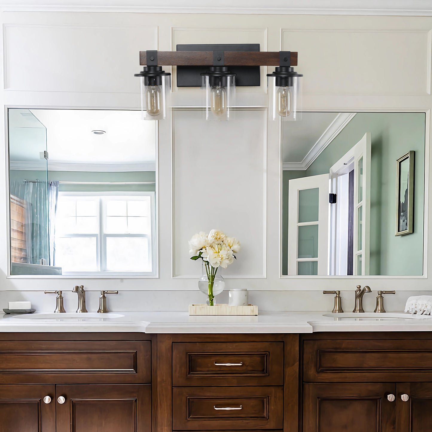 Rustic 3-Light Vanity Light Fixture with Glass Shades and Wood Accent
