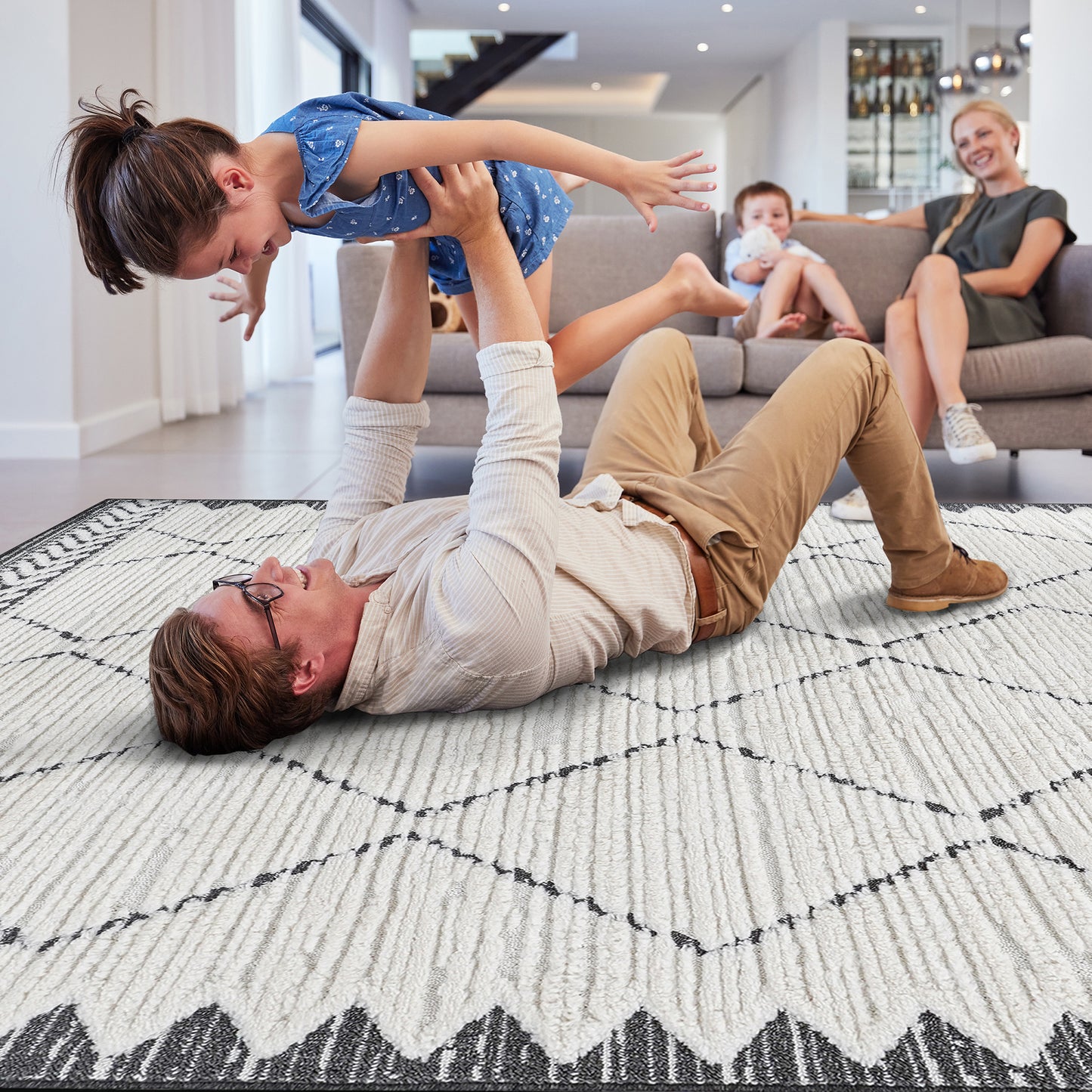 Step High-Low Trellis Cream Anthracite Indoor Area Rug, Modern,