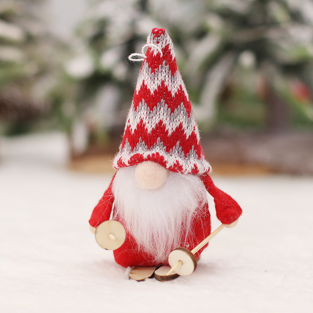 Christmas Doll Pendant Set - Knitted Ski Faceless Wooden Doll Decorations