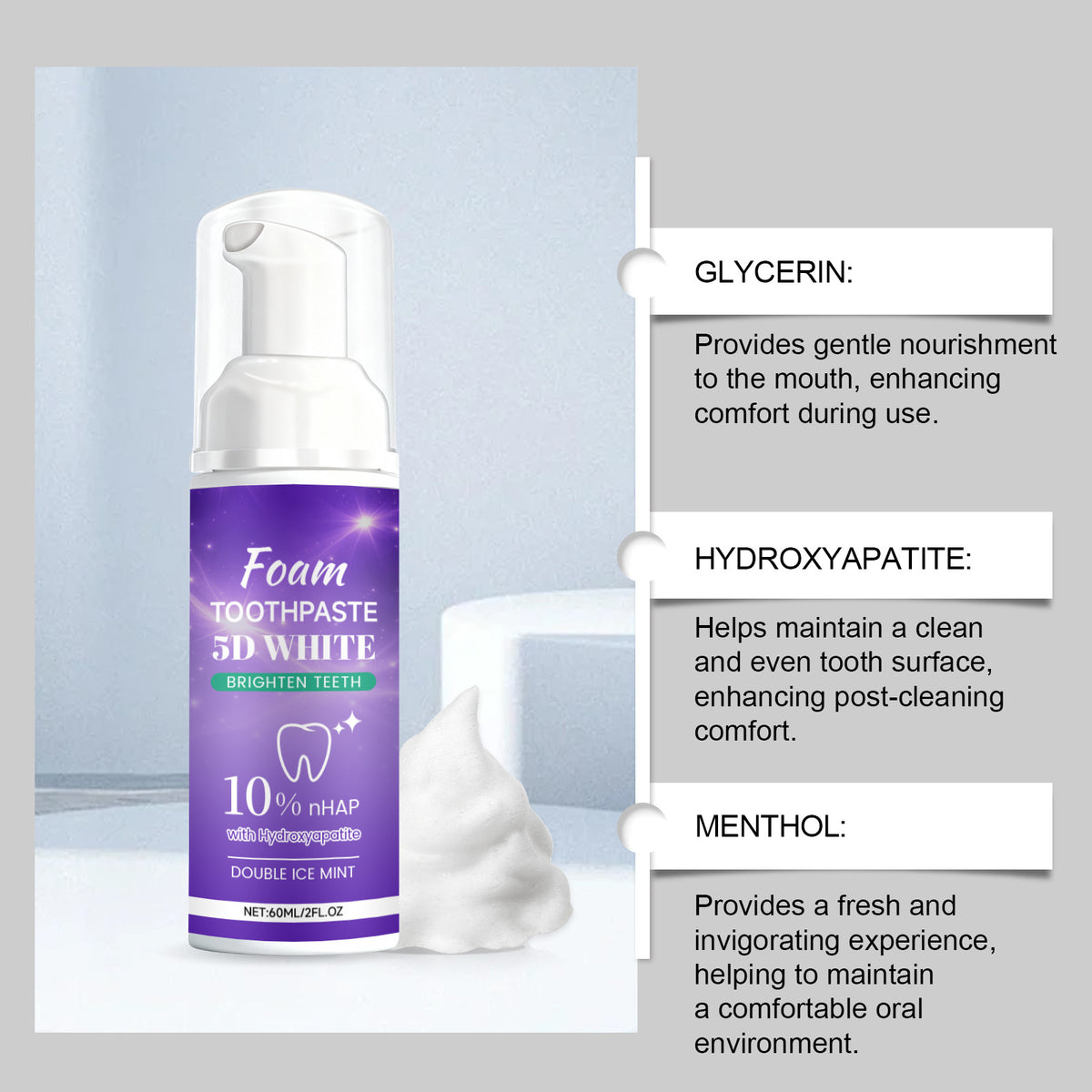Brightening Foam Toothpaste 60ML - Gentle Whitening & Fresh Breath