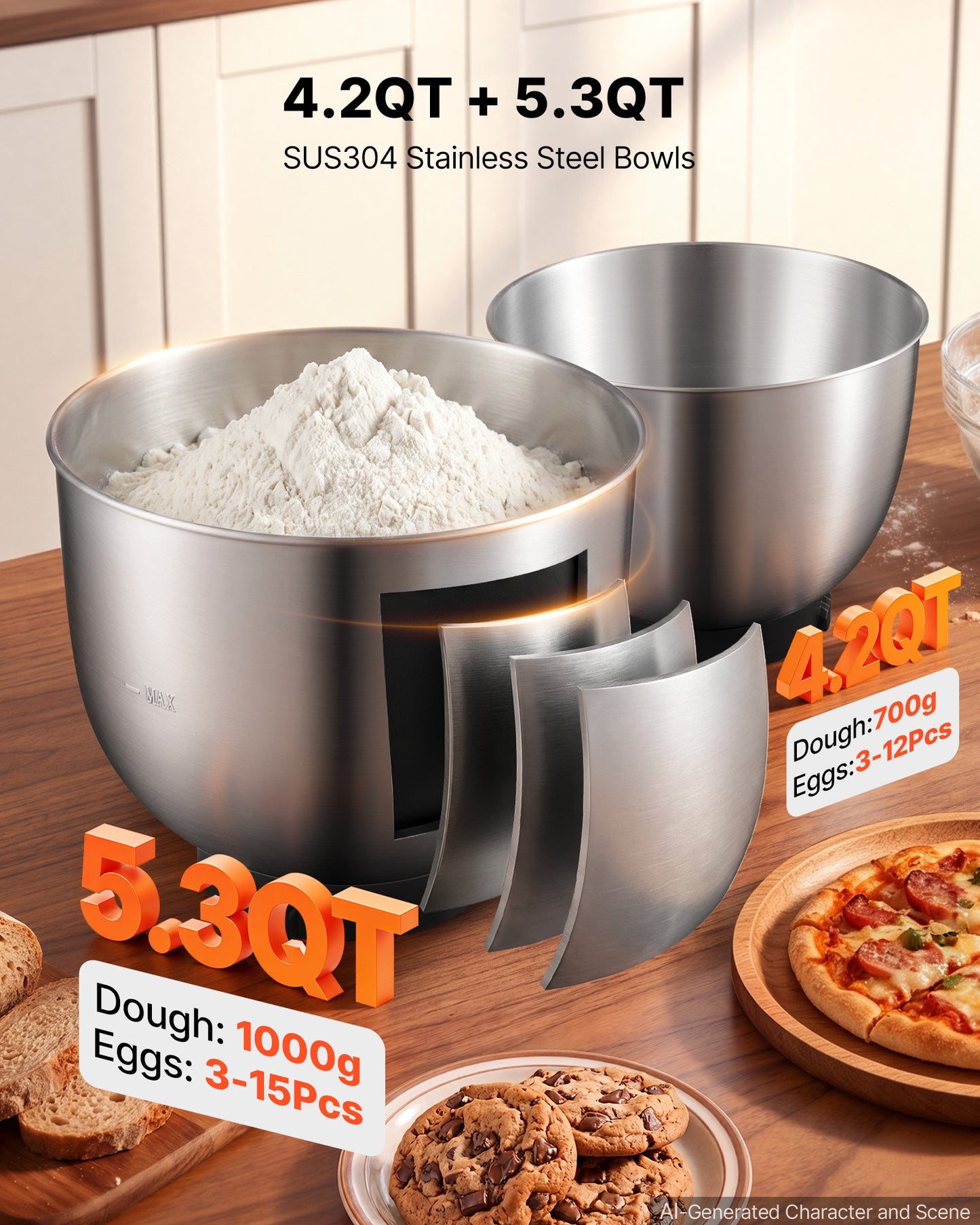5.3+4.2 Qt Tilt Head Stand Mixer 400W with Stainless Steel Bowl & Accessories