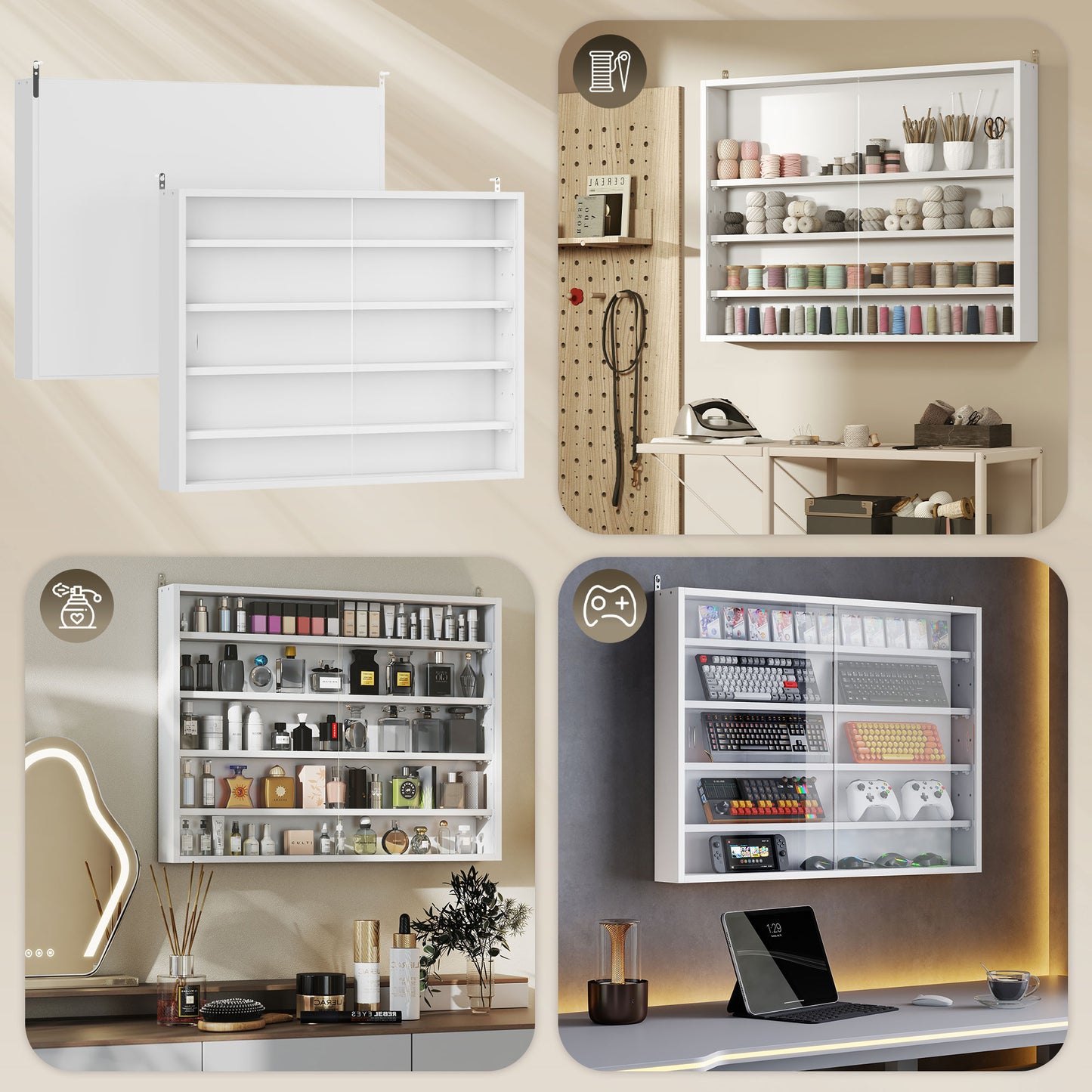 5-Tier Wall-Mounted Display Cabinet with Glass Doors - White