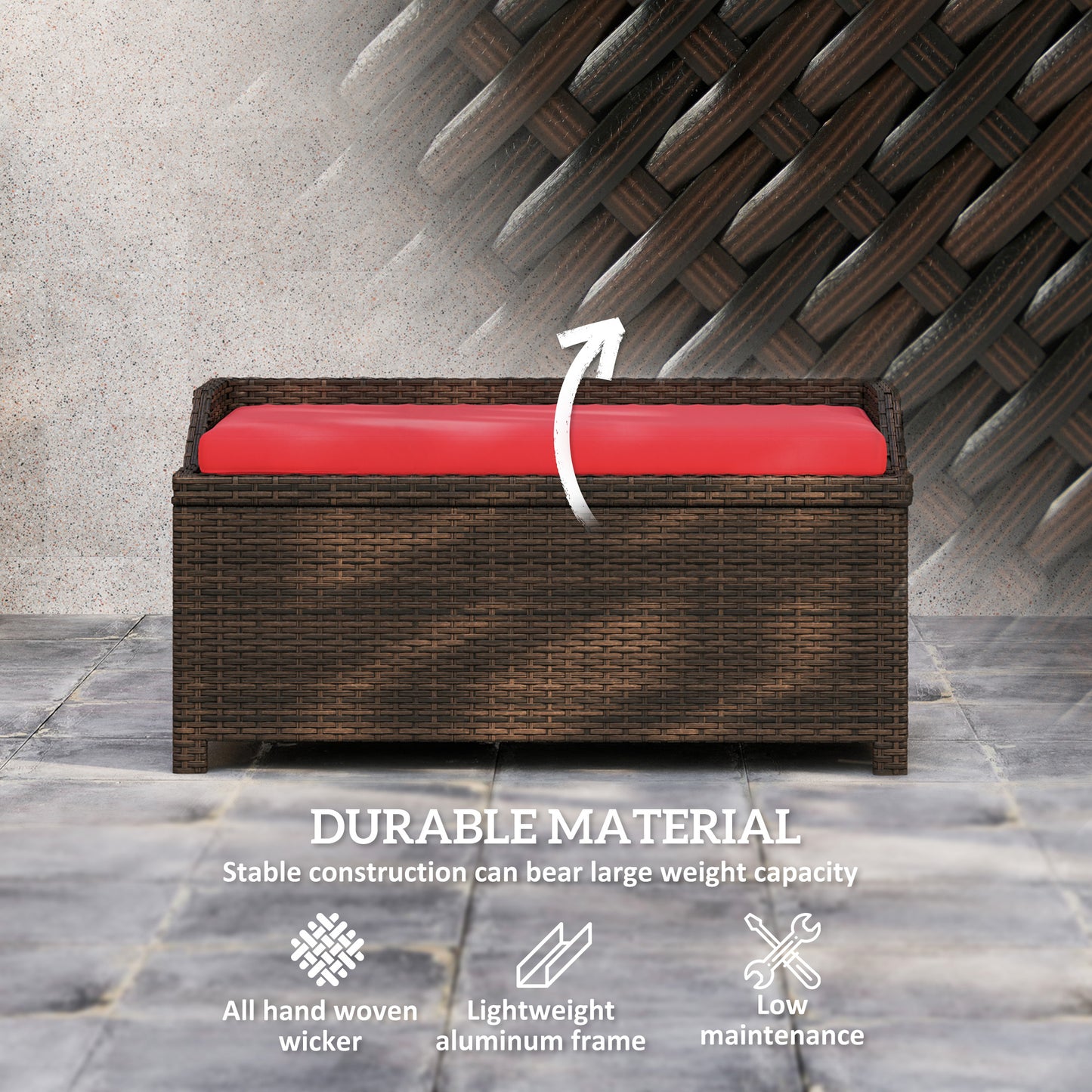 Outdoor Storage Bench with Cushion - Red Wicker Design