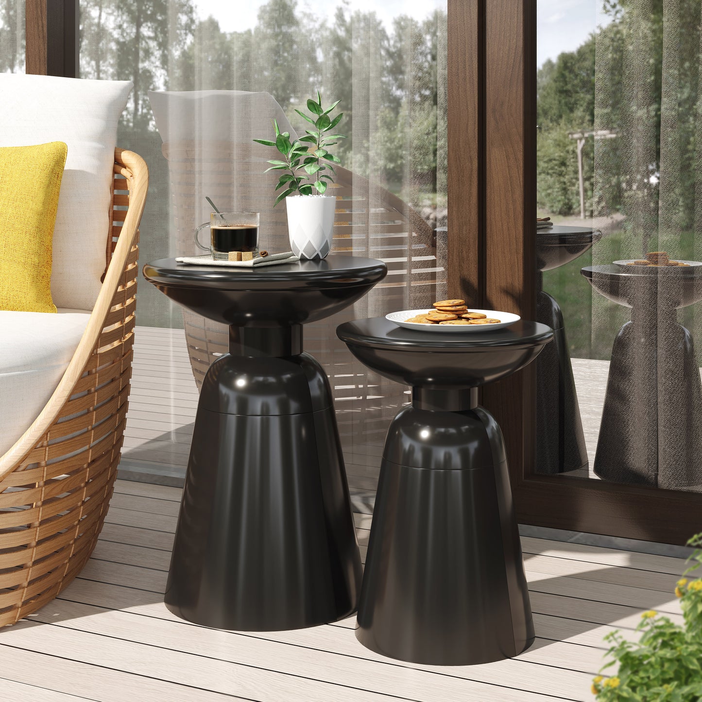 Outdoor Iron Side Tables Set of 2 - Modern Flared Design, Black