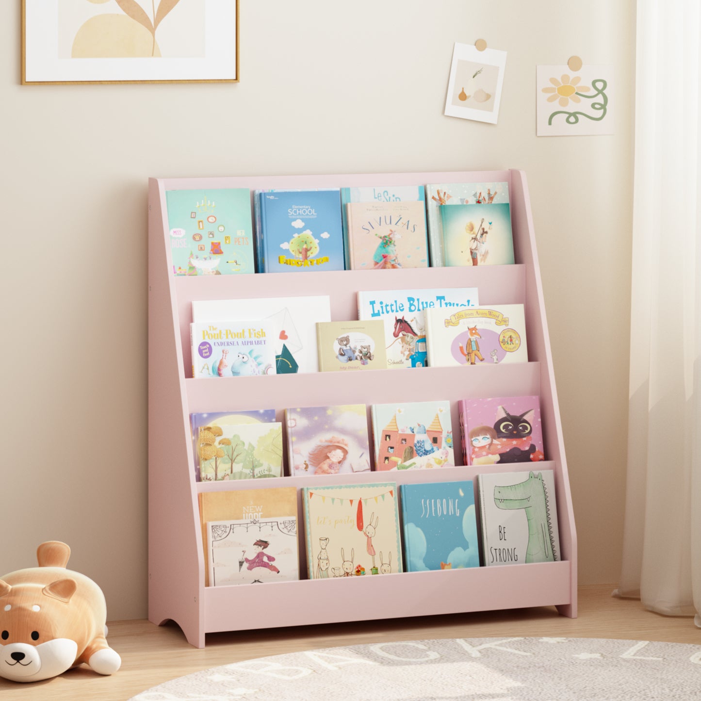 4-Tier Kids Bookshelf - Pink MDF Book Display Shelf