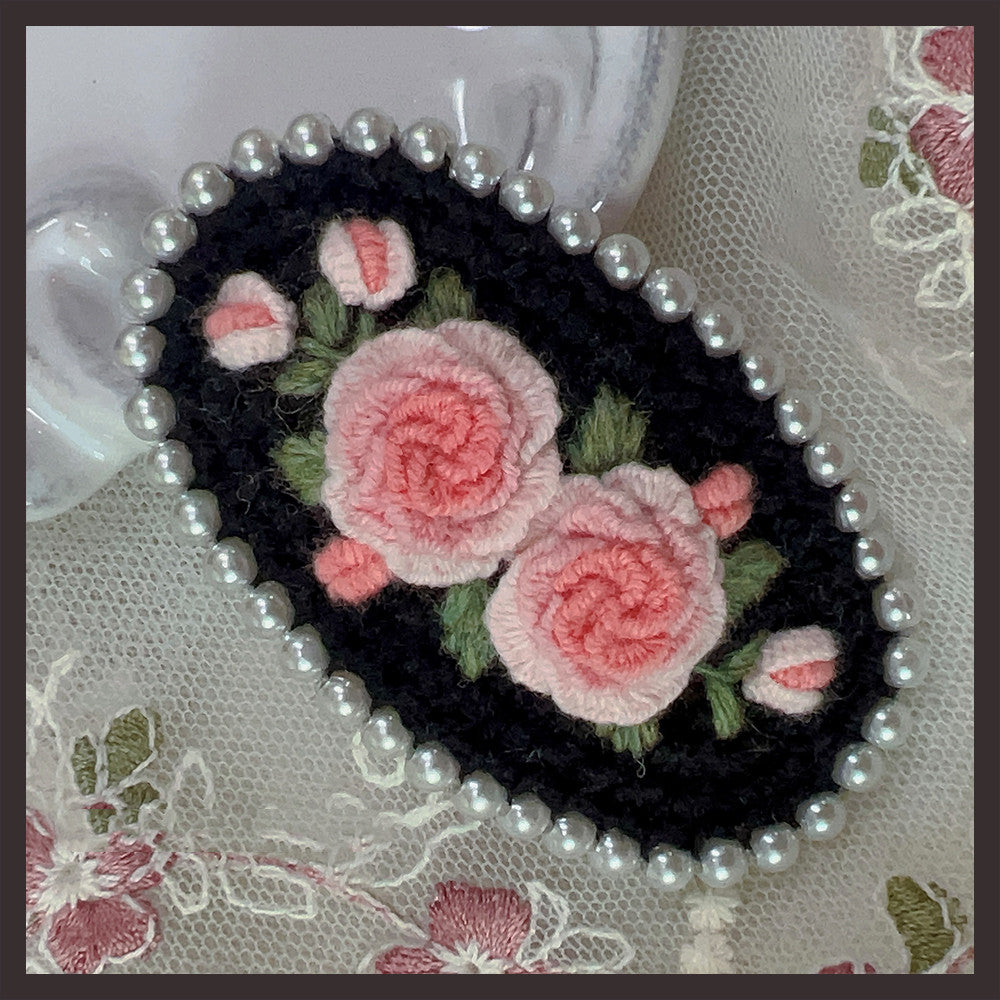 Retro Embroidery Wool Hair Clip with Pearl Details