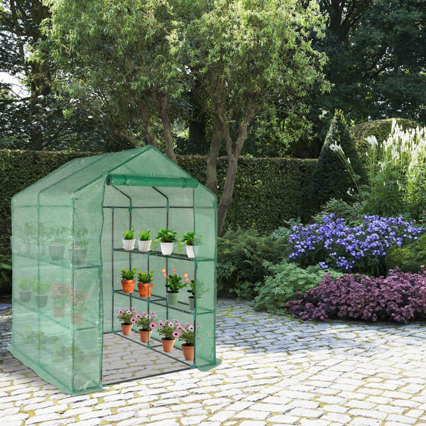 Garden Greenhouse with 8 Shelves, Green PE Cover & Black Iron Frame, 143x143x195cm