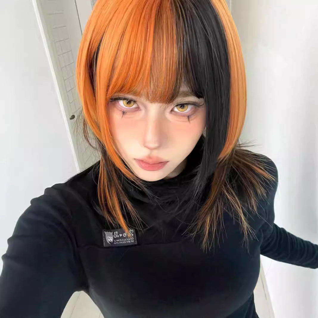 Black and Dirty Orange Ombre Synthetic Wig for Women - Long Straight Style with Bangs