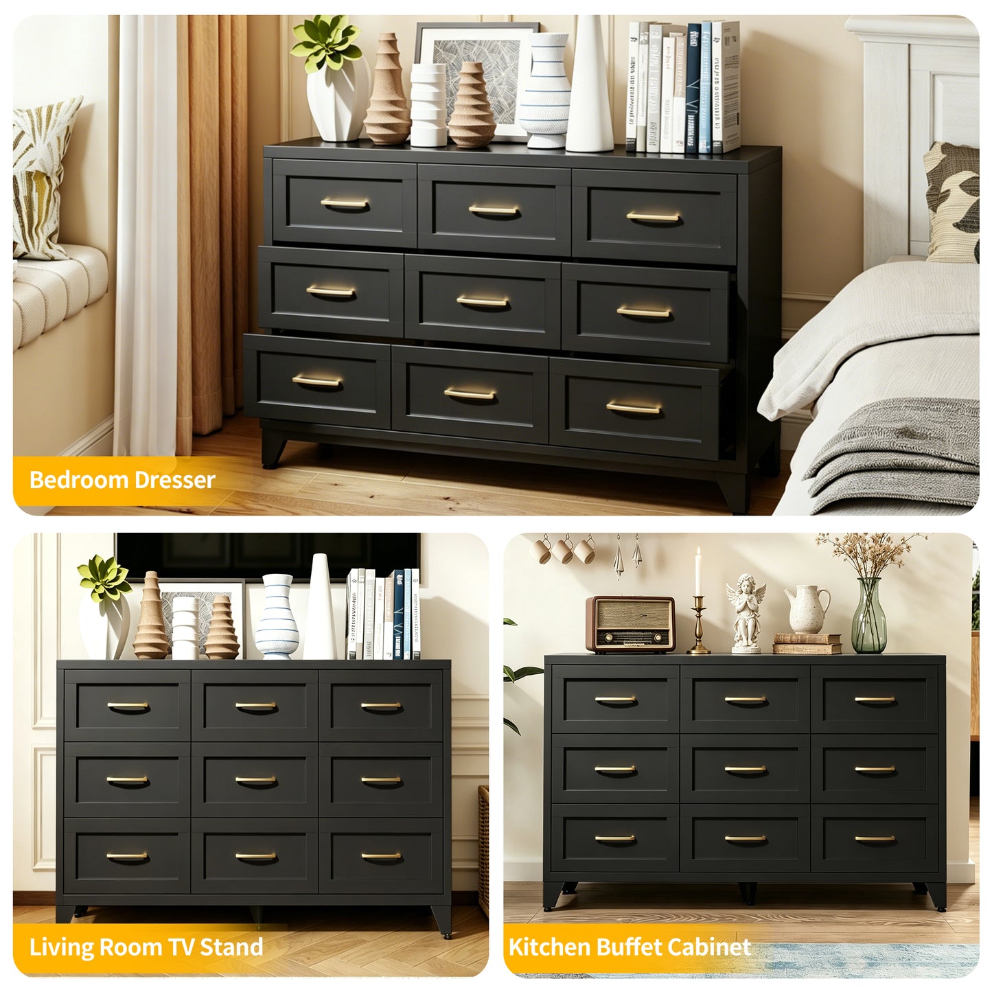 9-Drawer Metal Dresser for Bedroom - Black Storage Chest