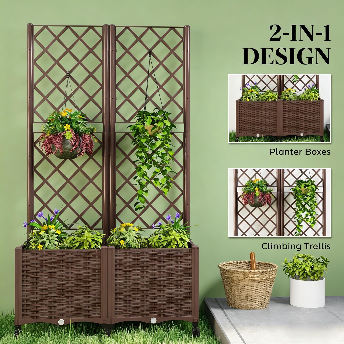 Mobile Raised Garden Planter Box with Trellis - Brown