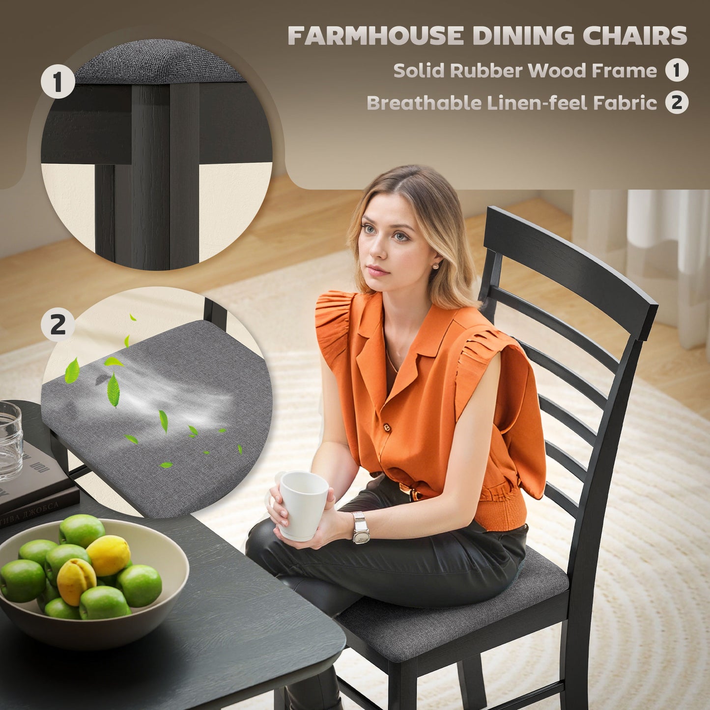 Set of 4 Farmhouse Dining Chairs - Upholstered Rubber Wood Frame in Black & Gray