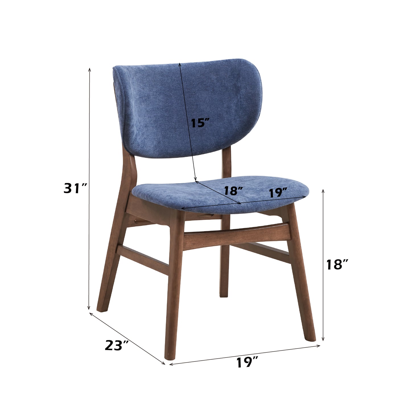 Bevis Blue Fabric Side Chair Set of 2 - Walnut Finish