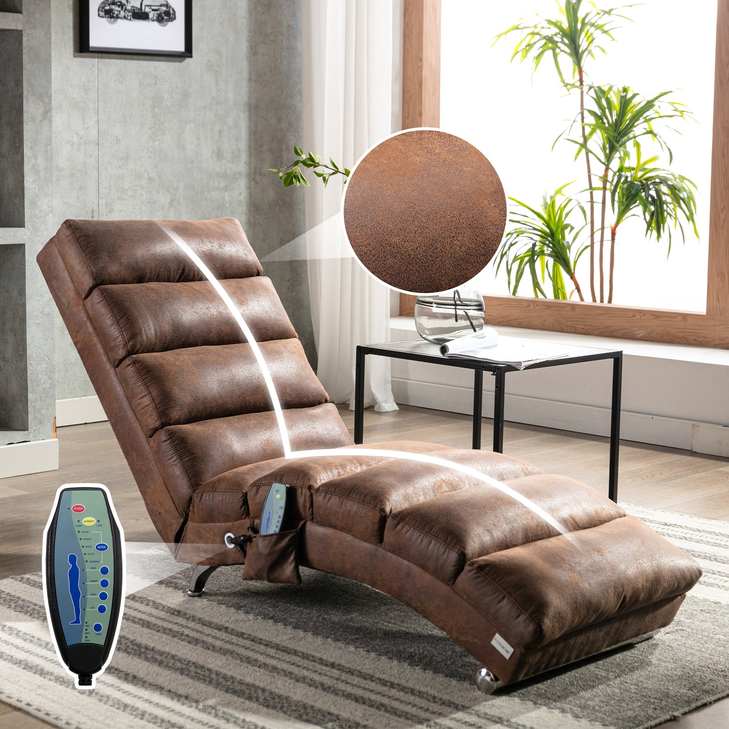 Luxury Upholstered Chaise Lounge Chair with Vibration - Coffee