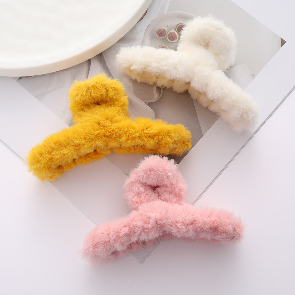 Solid Color Fur Grip Plush Back Hair Barrettes - Hair Accessories for Women
