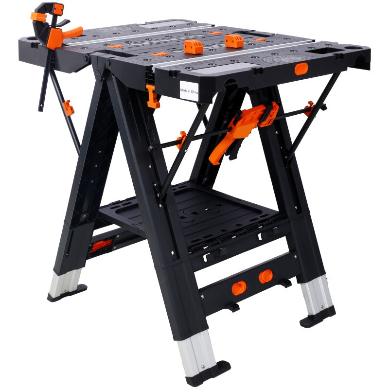 Heavy-Duty Portable Folding Workbench with Clamps - Adjustable Garage Sawhorse