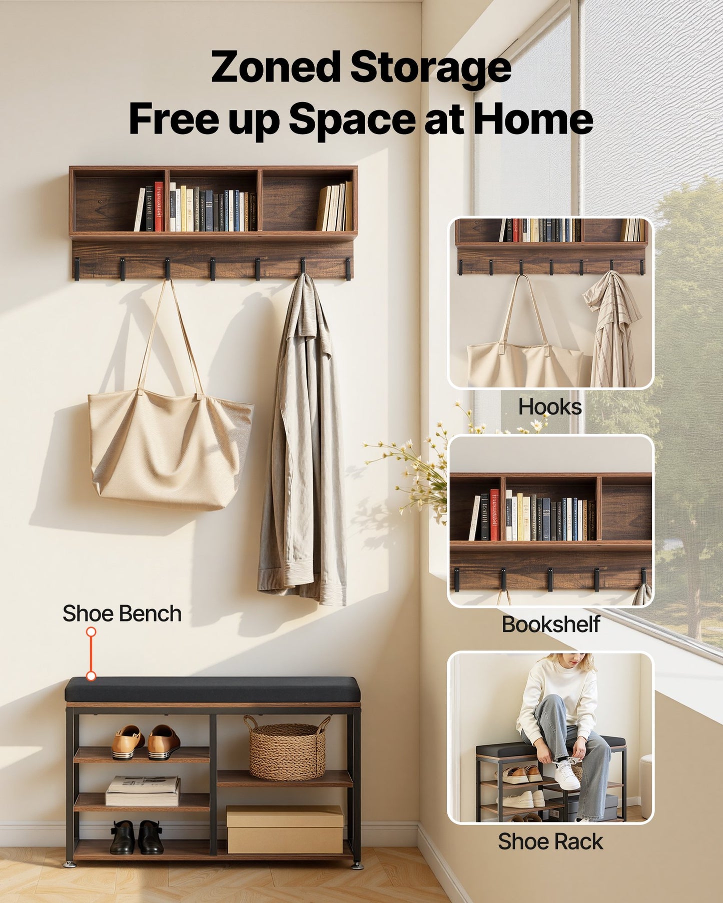 Black 3-in-1 Coat Rack with Shoe Bench and Hooks - Rustic Entryway Organizer