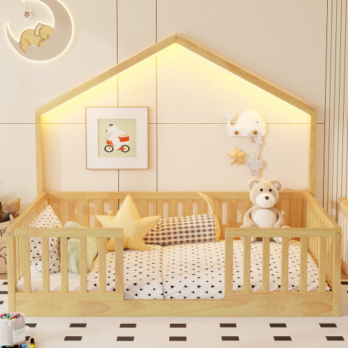Full Montessori Floor Bed with High Rails & LED Light - Natural