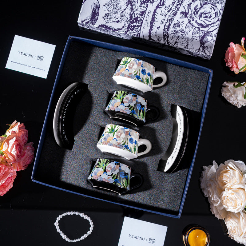 Elegant Iris Flower Ceramic Coffee Cup Set with Gift Box - Multiple Styles & Sizes