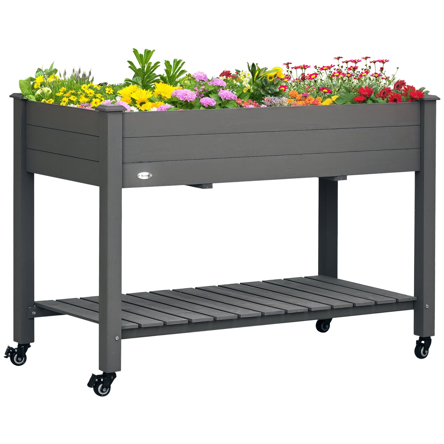 Raised Garden Bed with Lockable Wheels and Storage Shelf - Wooden Planter Box, 47x21 Inches, Dark Gray