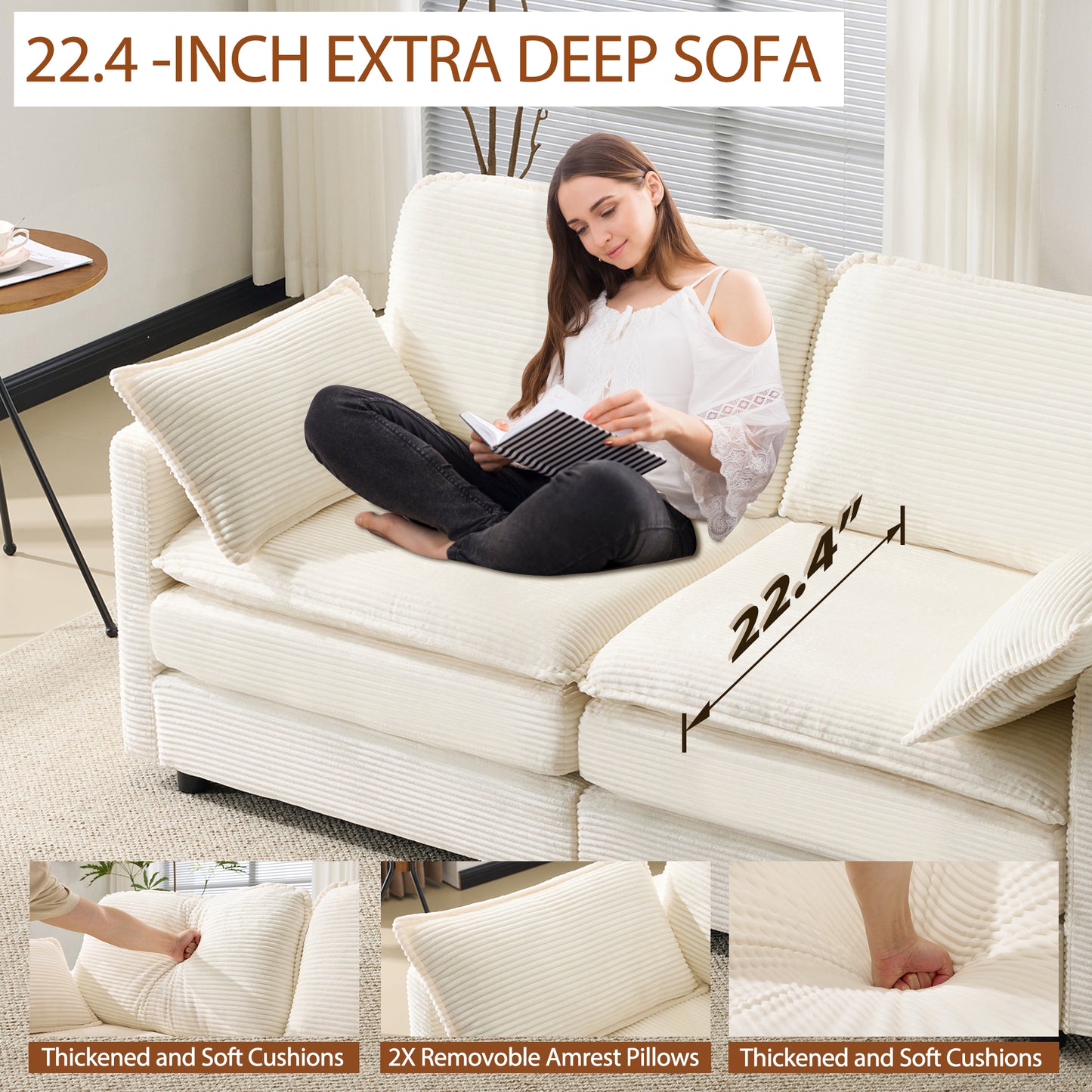 Modular 2-Seater Sectional Sofa with 22" Beige Cushions & 2 Pillows - Compact