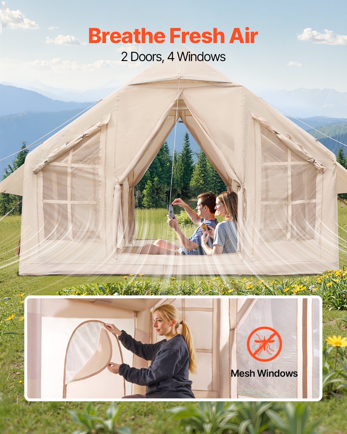 Inflatable Camping Tent for 4-6 Persons with Pump, Waterproof & Easy Setup