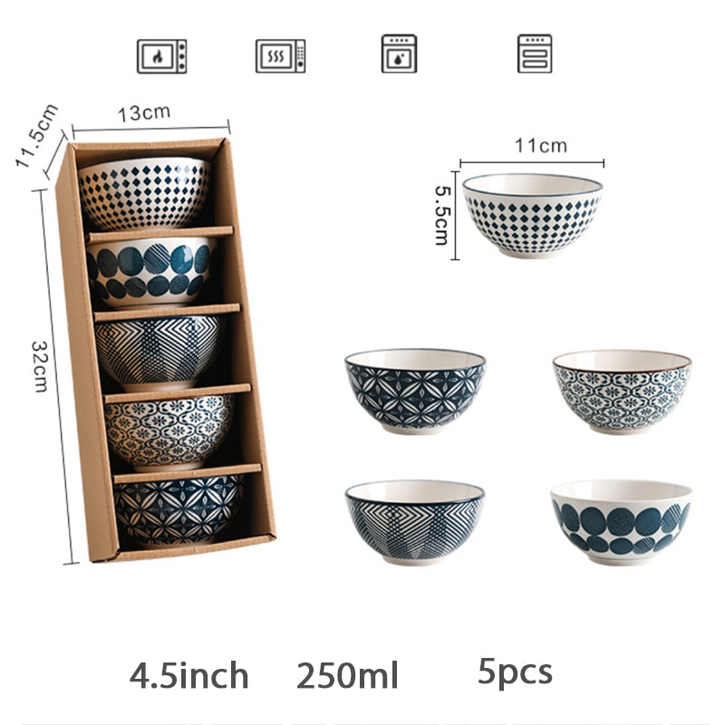 Ceramic Bowl Set 5pcs - 4.5 Inch Porcelain Dinnerware in Blue or Red
