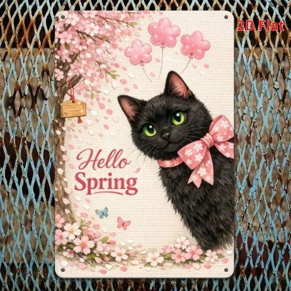 Cherry Blossom Black Cat Metal Wall Art Plaque - 20cm