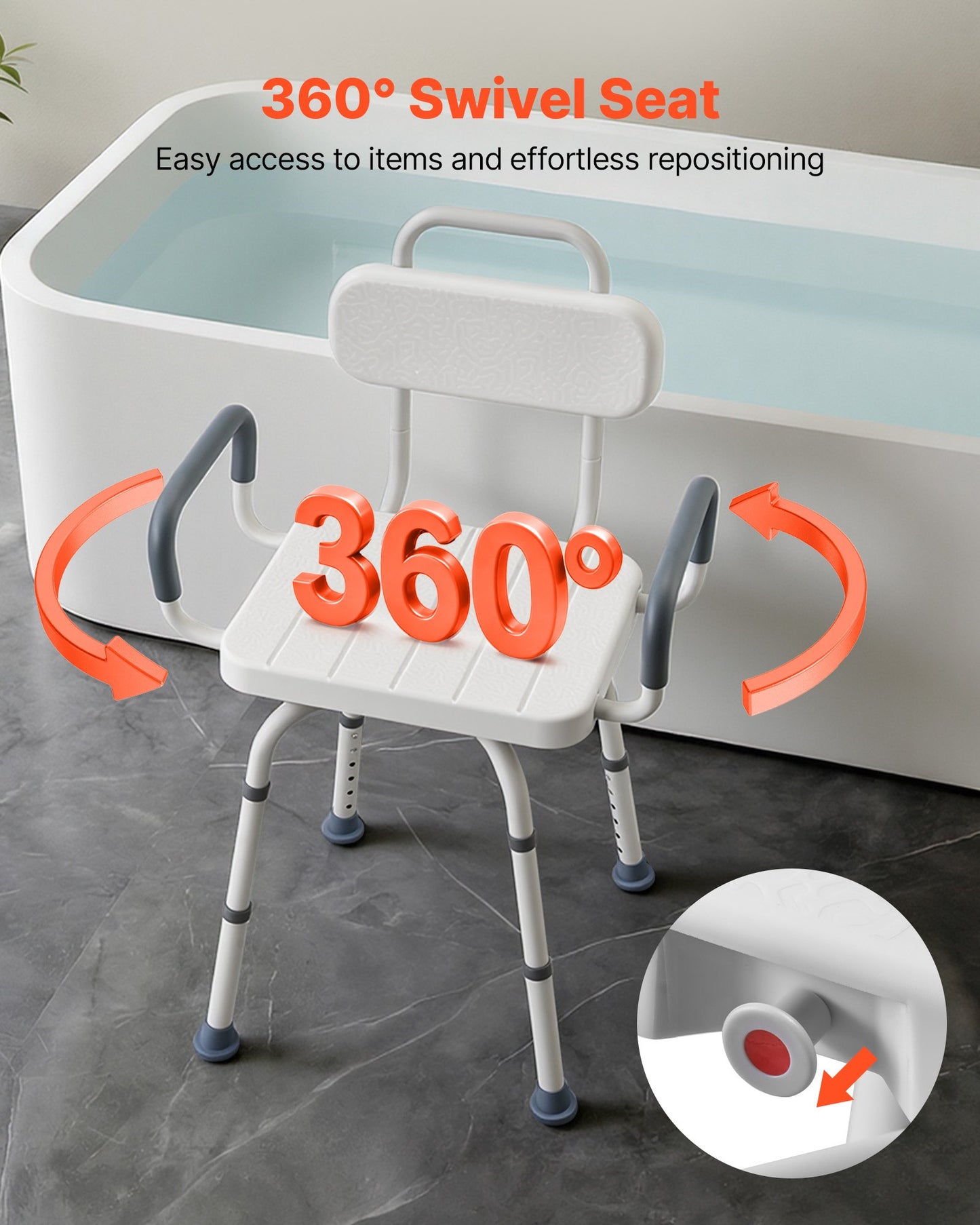 Heavy Duty Swivel Shower Chair with Arms and Back - 400 lbs Capacity, Height Adjustable Bathroom Seat for Adults and Seniors