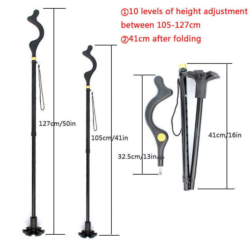 Adjustable Height Folding Walking Stick Cane - Black