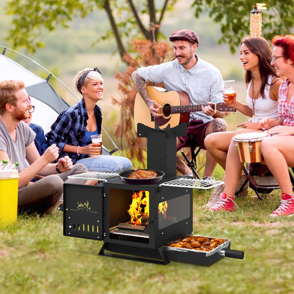 Portable Wood Burning Stove with Oven Pan & Rack - Black