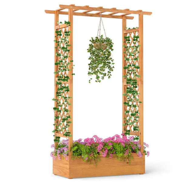70-Inch Tall Pine Wood Garden Bed with Trellis & Flat Roof for Climbing Plants