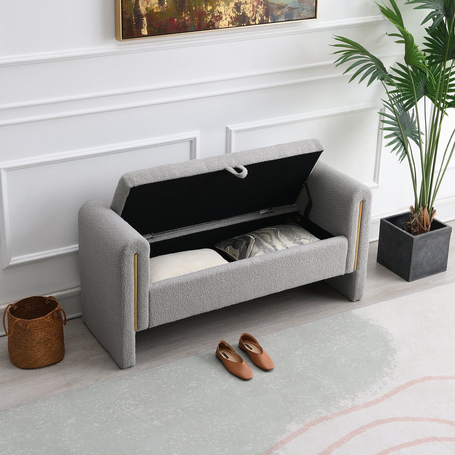 Modern Teddy Bed End Bench With Arms And Storage,Upholstered Large