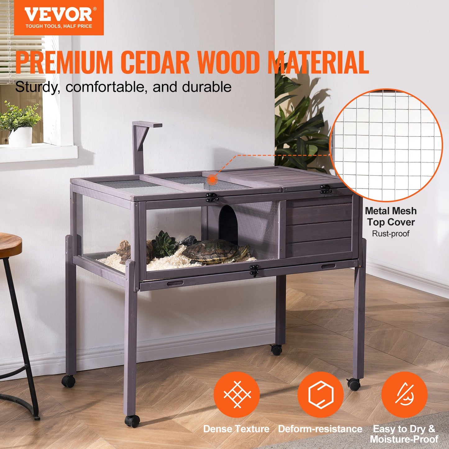 Wooden Tortoise House with Two Rooms Indoor Outdoor Pet Habitat - Cedar, Grey