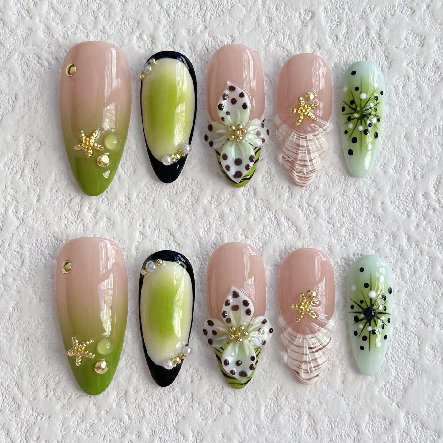 Handmade 3D Carved Green Nail Art Armor Kit - Multiple Sizes & Styles