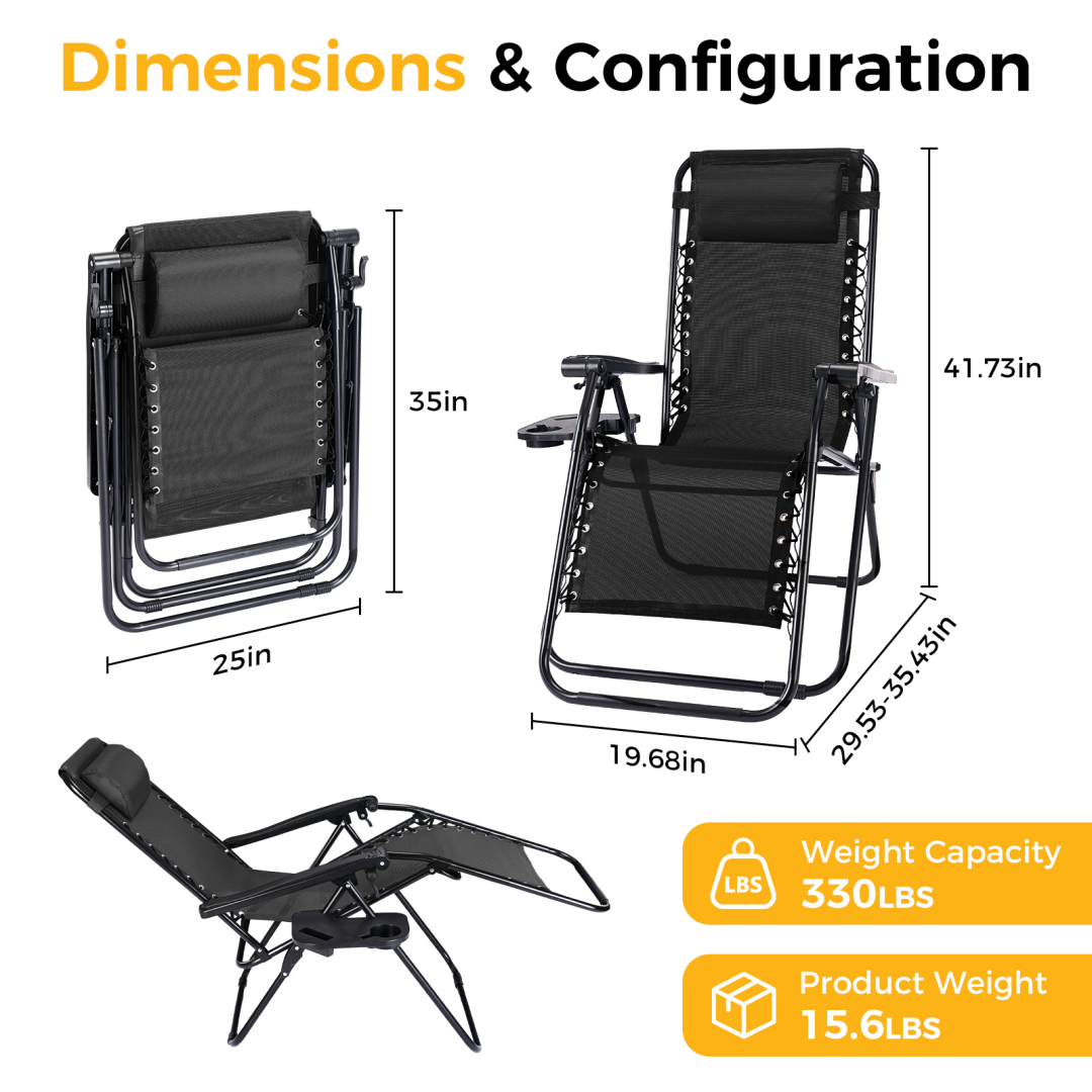 Set of 2 Folding Recliner Lounge Chairs with Pillow & Cup Holder