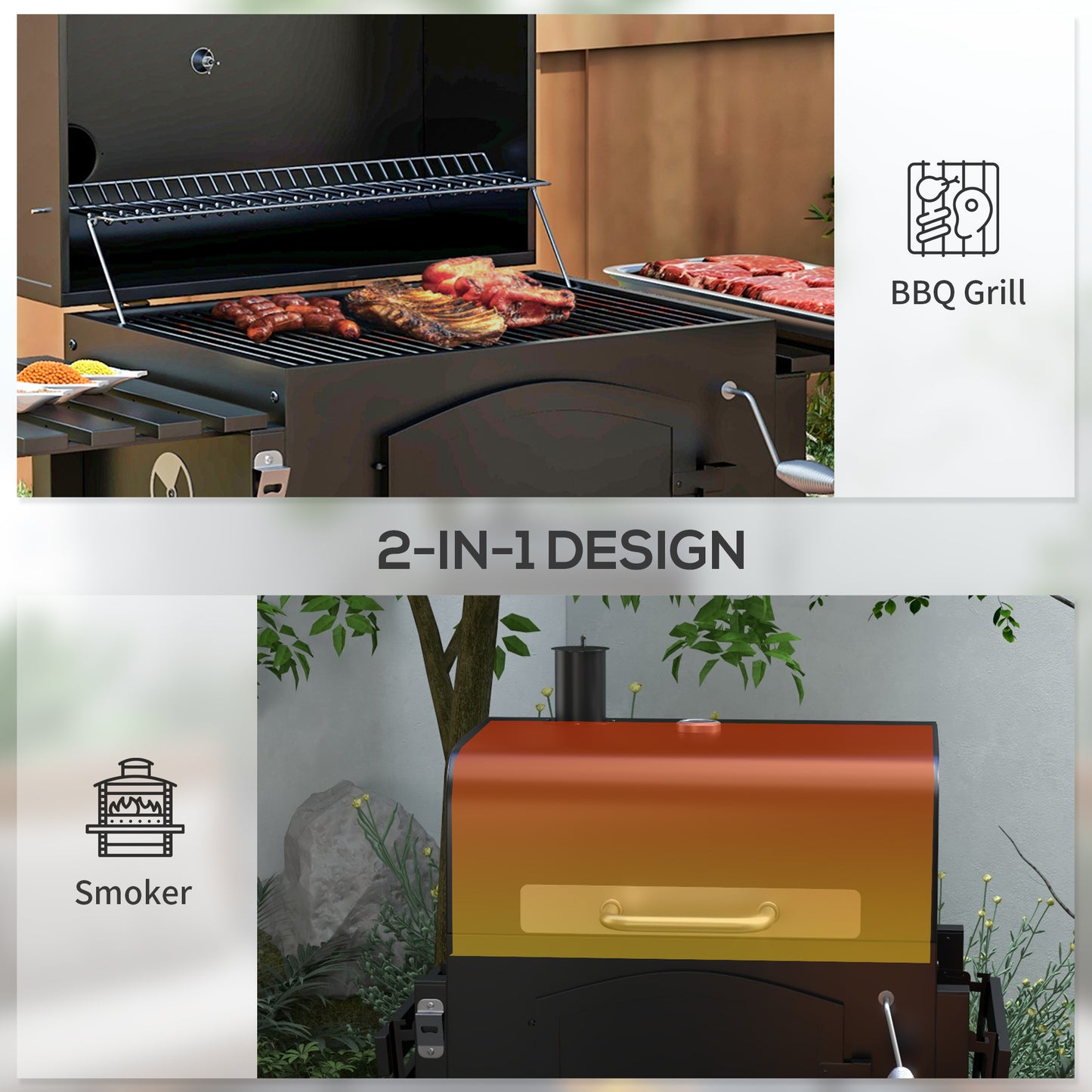 Charcoal BBQ Grill with Adjustable Height and Folding Shelves